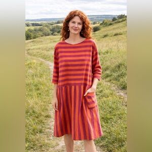 GUDRUN SJODEN Organic Orange Striped A-Line Relaxed Pocket Midi Dress Size S